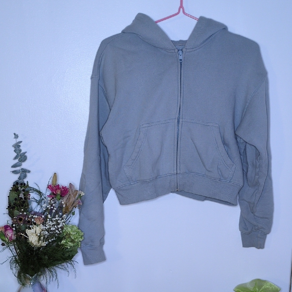 Aritzia Cozy Fleece Boxy Blue Gray Zip-Up Hoodie